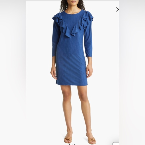 Lilly Pulitzer Pheby Blue Flocked Dot Ruffle Long Sleeve Sheath Dress Sz XS - Picture 2 of 14